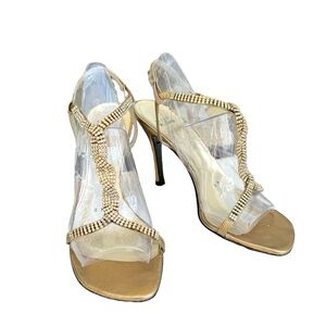 Stuart Weitzman Cuando Metallic Gold Rhinestone T Strap Heeled Sandal Women’s
